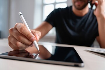 Man Using Stylus on Tablet for Digital Art or Design Work