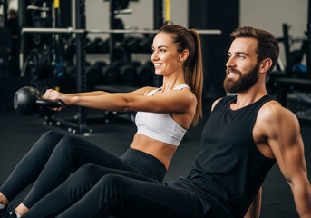 Couple working out together in a gym with kettlebell