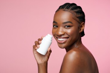 Radiant Black Woman Holding Skincare Product, Smiling at Camera