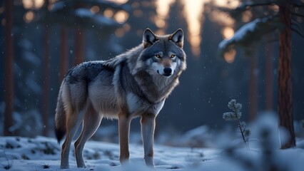 Obraz premium A lone gray wolf standing alert in a snowy pine forest at dawn with visible breath and falling snow.