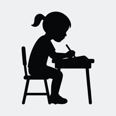 Fototapeta premium Silhouette of young girl studying at desk writing vector illustration