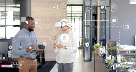 Male colleague assisting female adjusting VR headset while finance icons emerging for data analysis - Powered by Adobe