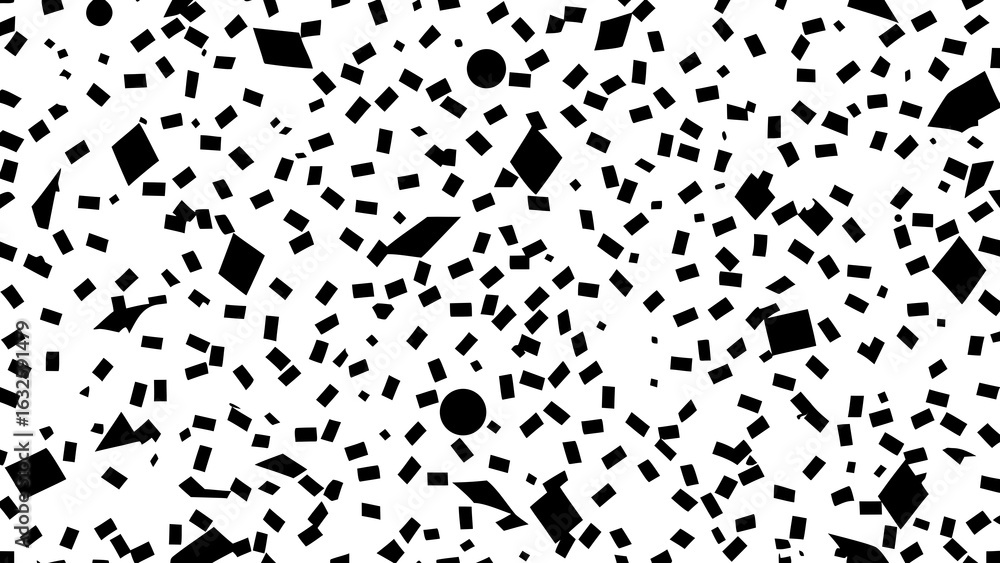 Poster a dense scattering of black rectangles diamonds and circles on a white background creating a chaotic