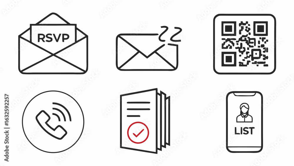 Poster illustration showing rsvp mail, notification, qr code, phone, document and list on a mobile phone cr