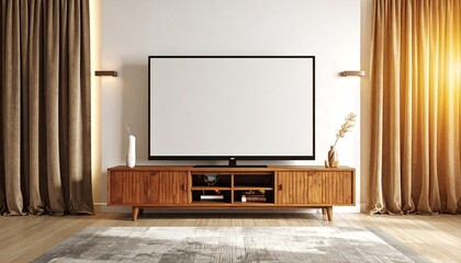 Modern Living Room with Mid Century TV Stand and Warm Lighting