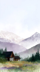 Obraz premium Cozy cabin in mountain landscape with mist and wildflowers 