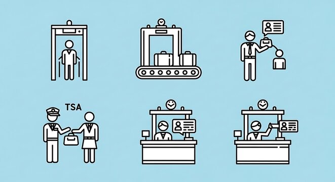 Airport security procedures illustrated.