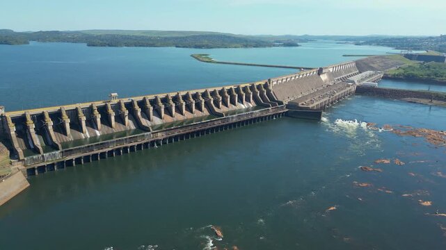Aerial view of the Tucurui hydroelectric power plant, a major energy-generating facility located on the Tocantins river in Para state, Brazil. One of the largest hydroelectric plants in South America