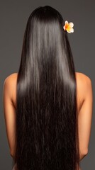 Fototapeta premium Long, shiny hair adorned with a flower.