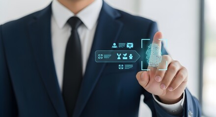A man in a suit using a fingerprint scanner with digital interface overlayed