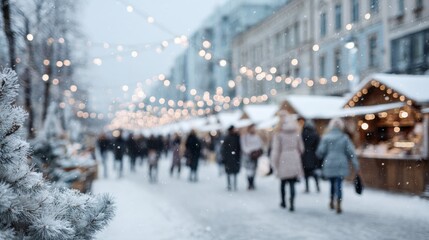 Bustling winter market scene with snow, lights, and people in warm coats