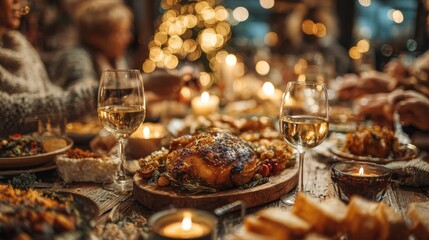 Festive holiday dinner with roast chicken and wine in cozy setting