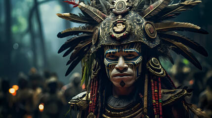 Obraz premium Portrait of indigenous tribal man with traditional face paint, feathered headdress, and cultural warrior outfit in lush jungle setting. Native culture and ancient tribal heritage.