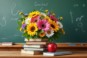 A vibrant floral arrangement on a stack of books in a classroom setting