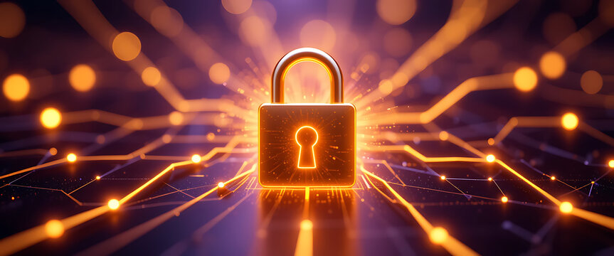 cyber security protection wall metallic theme dark purple gradient connected glowing background with glowing golden 3d lock on the middle, metal shine, ethnic vintage style, 