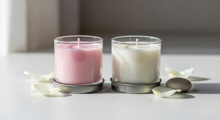 Two Candles With Petals and Stones on a Table