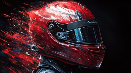 Fototapeta premium Racing helmet, vibrant red, dynamic motion