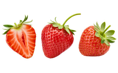 Three Fresh Strawberries One Halved on White Background