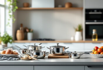 Obraz premium Stainless steel cookware set displayed on a kitchen countertop.