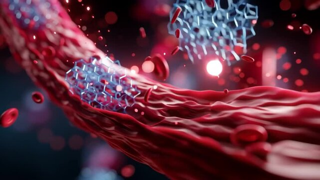 Insulin and glucose molecules with red blood cells inside blood vessel, 3D render. A metabolic disorder, diabetes occurs when there is too much glucose in the bloodstream.
