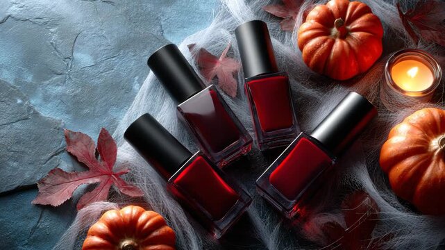 Halloween burgundy nail polish with pumpkins and autumn decor
