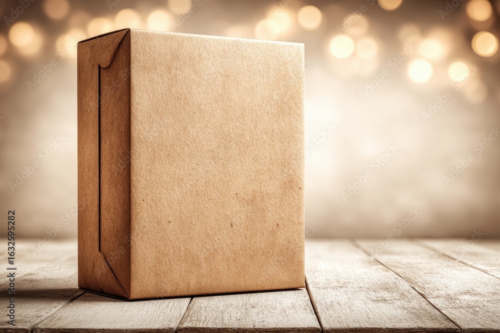 Aufkleber plain brown cardboard box standing on a rustic wooden table with warm bokeh.