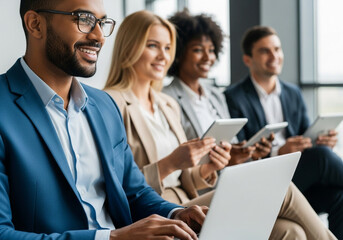 Business professionals with laptops and tablets in a meeting