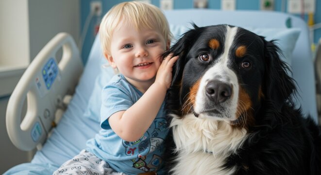 Smiling child sitting with Bernese mountain dog in hospital bed