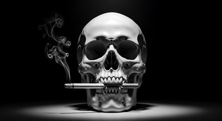 Fototapeta premium A still life image of a skull holding a cigarette, with smoke.