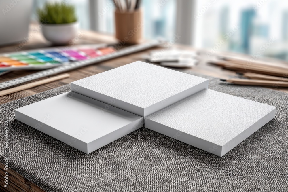 Poster clean white square blocks product display mockup on a desk with design tools