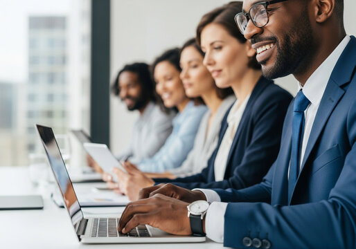 Diverse business professionals collaborating in a modern office