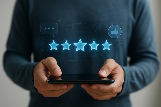 Leaving the highest possible seven-star review on a mobile app, a user expresses complete satisfaction with an excellent product, service, and customer experience.
