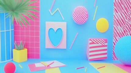 Vibrant 80s Memphis Style Geometric Studio with Palm Leaf and Heart Cutout