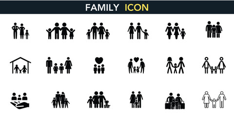 Family Icons Vector Set - People Silhouettes, Parents Children Graphics, Household Symbols, Community Demographics, Social Groups, Relationship Figures, Unity Symbols