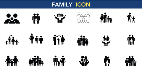 Family Icons Vector Set - People Silhouettes, Parents Children Graphics, Household Symbols, Community Demographics, Social Groups, Relationship Figures, Unity Symbols