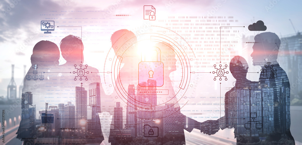 Poster cyber security protects against breaches, hacks, and network attacks using strong infrastructure and