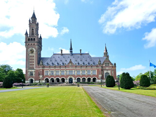 View of the Peace Palace (Dutch: 'Vredespaleis') in the city of The Hague, the Netherlands, Europe.It is an administrative building for international law where various legal organisations are housed. 