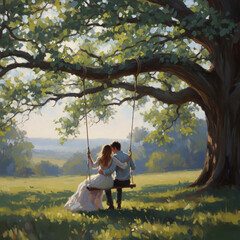 Couple on Swing Under Oak Tree – Impressionist Painting (Sunlit Meadow, Soft Brushstrokes)