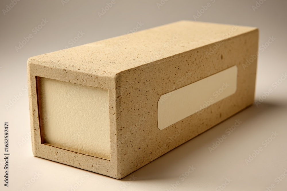 Poster close-up of a textured rectangular block with blank labels for branding.