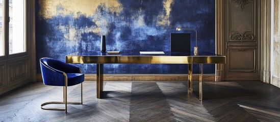 Artistic Study: Modern Brass Desk Against a Blue and Gold Abstract Wall