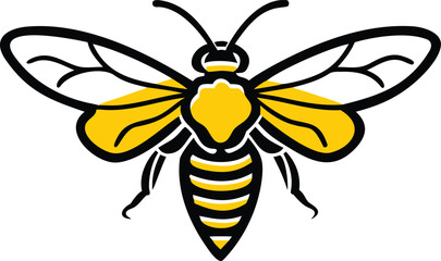 Stylized Bee Illustration, Striped Abdomen, Black Outline, Yellow Accents, Bold Design