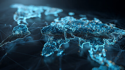 Glowing digital world map with interconnected lines and glowing points global network technology