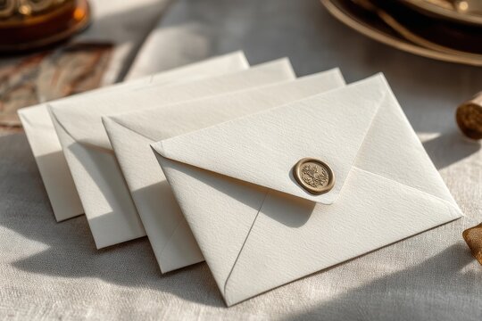 Luxury cream envelopes adorned with a decorative golden wax seal on linen.