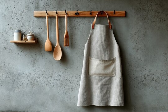 Striped kitchen apron and wooden cooking utensils hanging on a rack with spice jars - Powered by Adobe