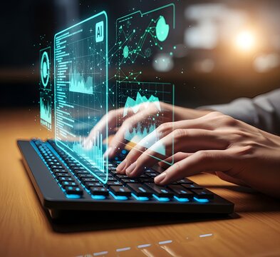 Close-Up of Programmer Typing with Holographic AI Interface and Backlit Keyboard