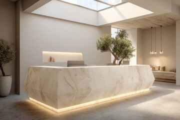Elegant hotel lobby featuring a luminous marble reception desk and olive trees.