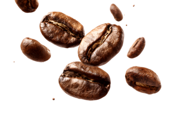 Coffee beans flying isolated on isolated png background. Generative AI.