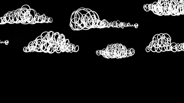 2d animation background with cartoon scribble blue clouds isolated on white color. Funny doodle hand drawn childish motion design with alpha matte channel.
