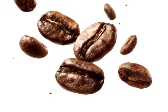 Coffee beans flying isolated on isolated png background. Generative AI.