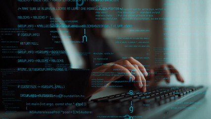 A focused individual types rapidly on a computer keyboard, with lines of code streamed on a screen, representing a modern work environment dedicated to programming. Xenic